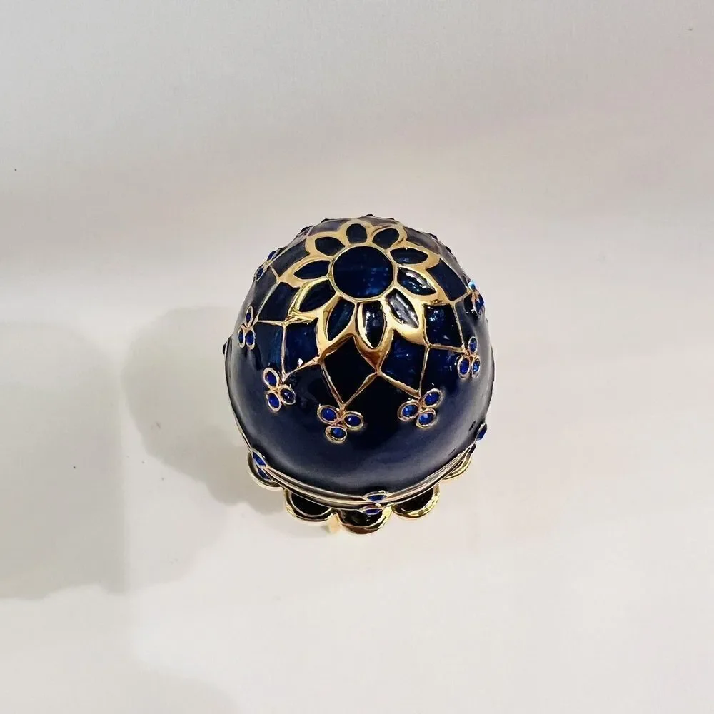 Enamel Keepsake Trinket Box Egg Cobalt Blue & Gold Tone Stand Metal Rhinestones